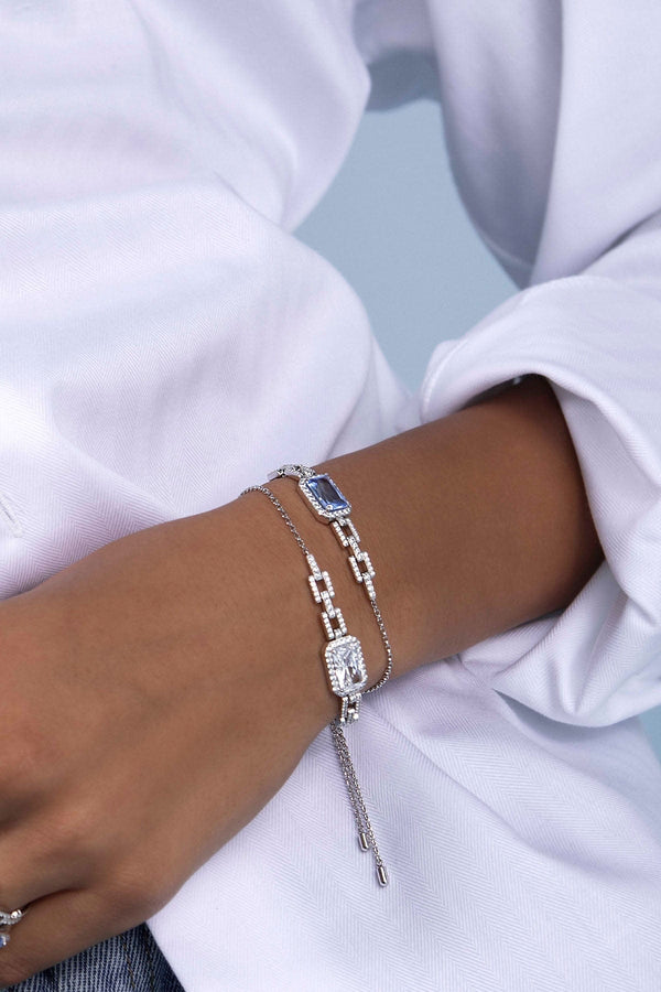 APM Monaco Pavé Lagoon Blue Rectangle Adjustable Chain Bracelet in Silver