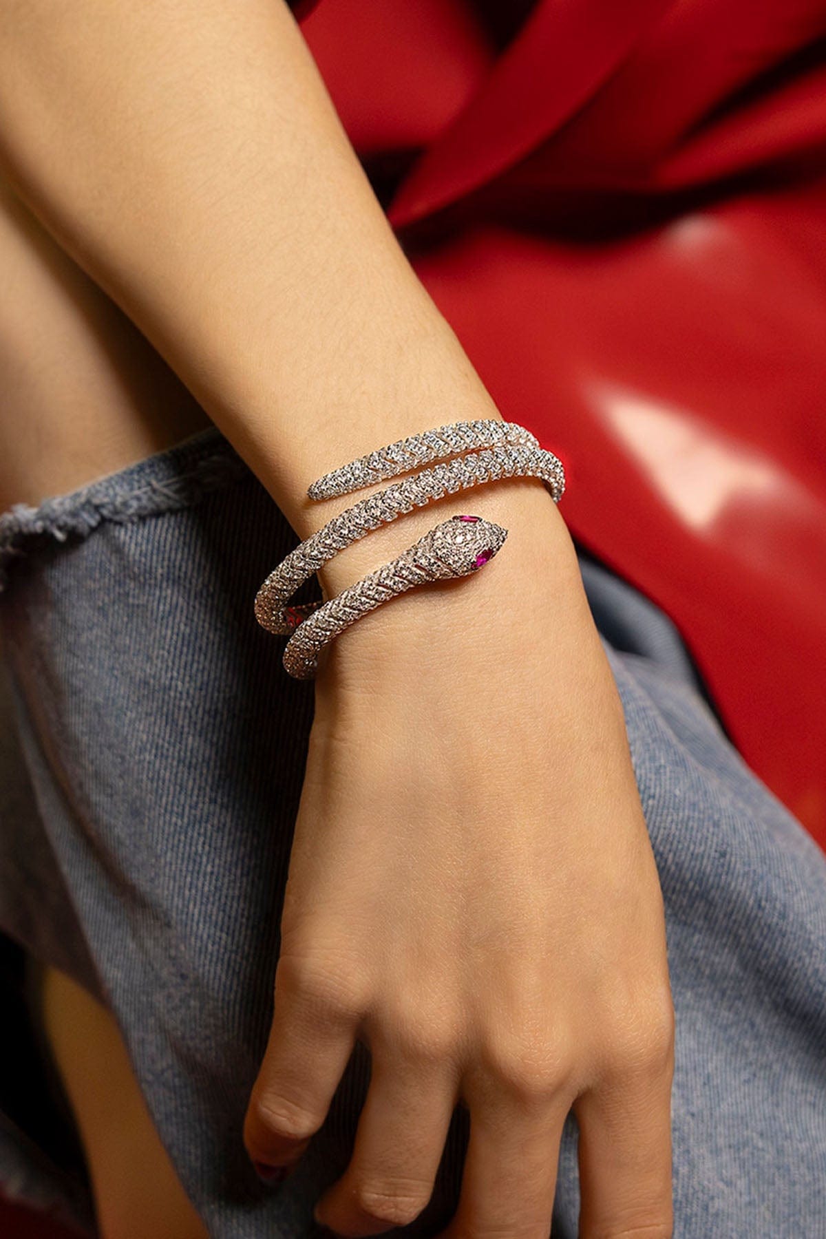 APM Monaco Pavé Kaa Double Wrap-Around Bangle in Silver