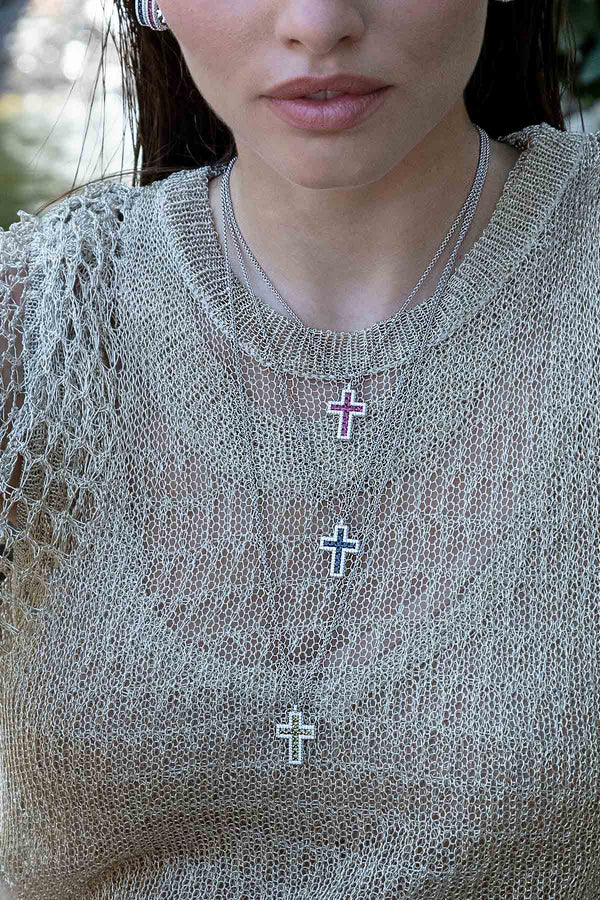 APM Monaco Khaki Pavé Cross Adjustable Necklace in Silver