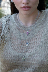 APM Monaco Fuchsia Pavé Cross Adjustable Necklace in Silver