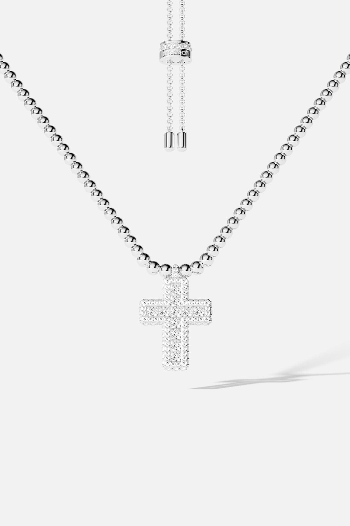 APM Monaco Pavé Cross Adjustable Necklace with Beads in Silver