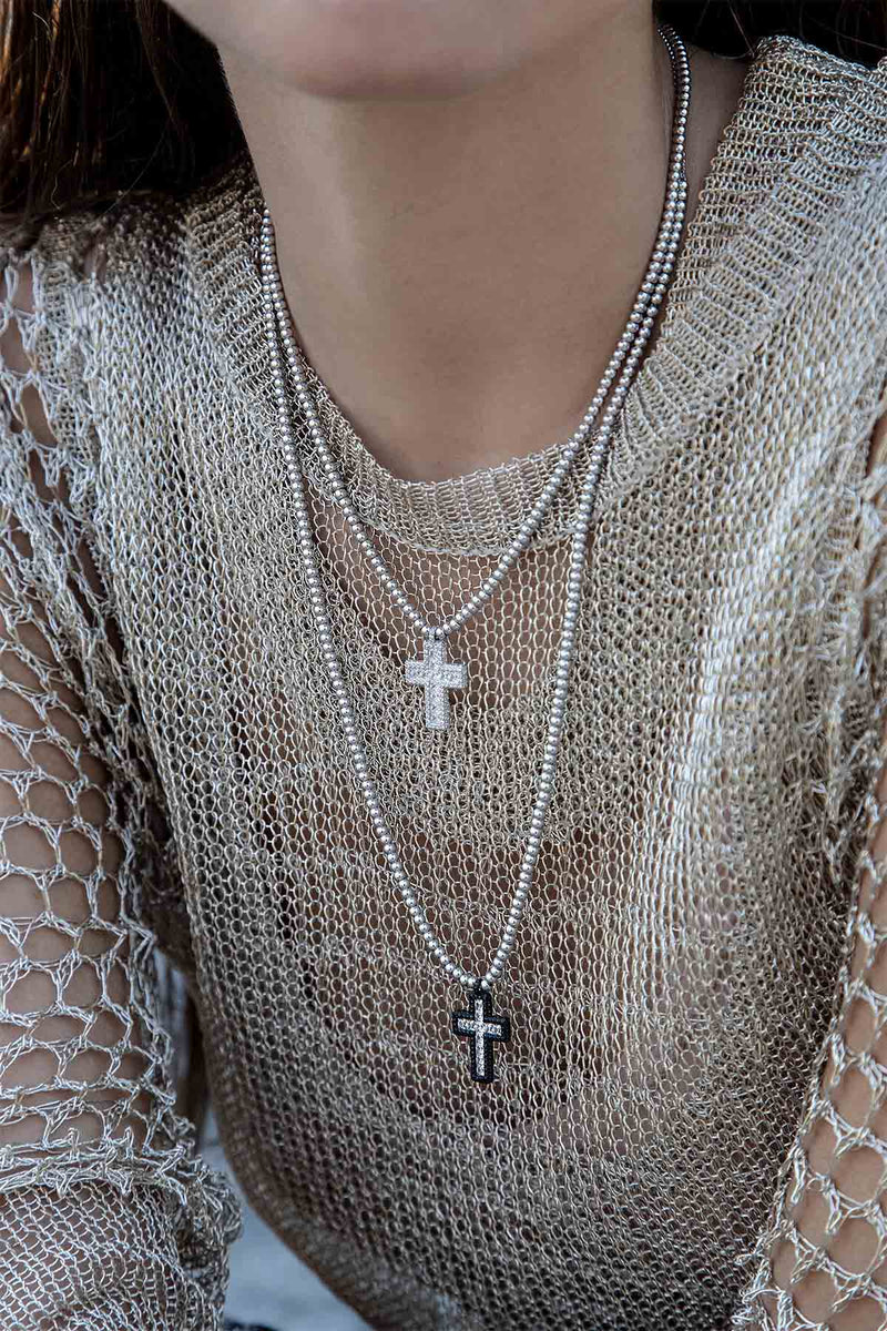APM Monaco Black Pavé Cross Adjustable Necklace with Beads in Silver