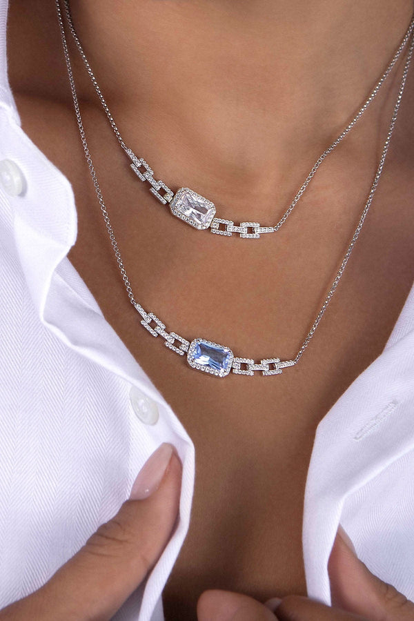 APM Monaco Pavé Lagoon Blue Rectangle Adjustable Chain Necklace in Silver