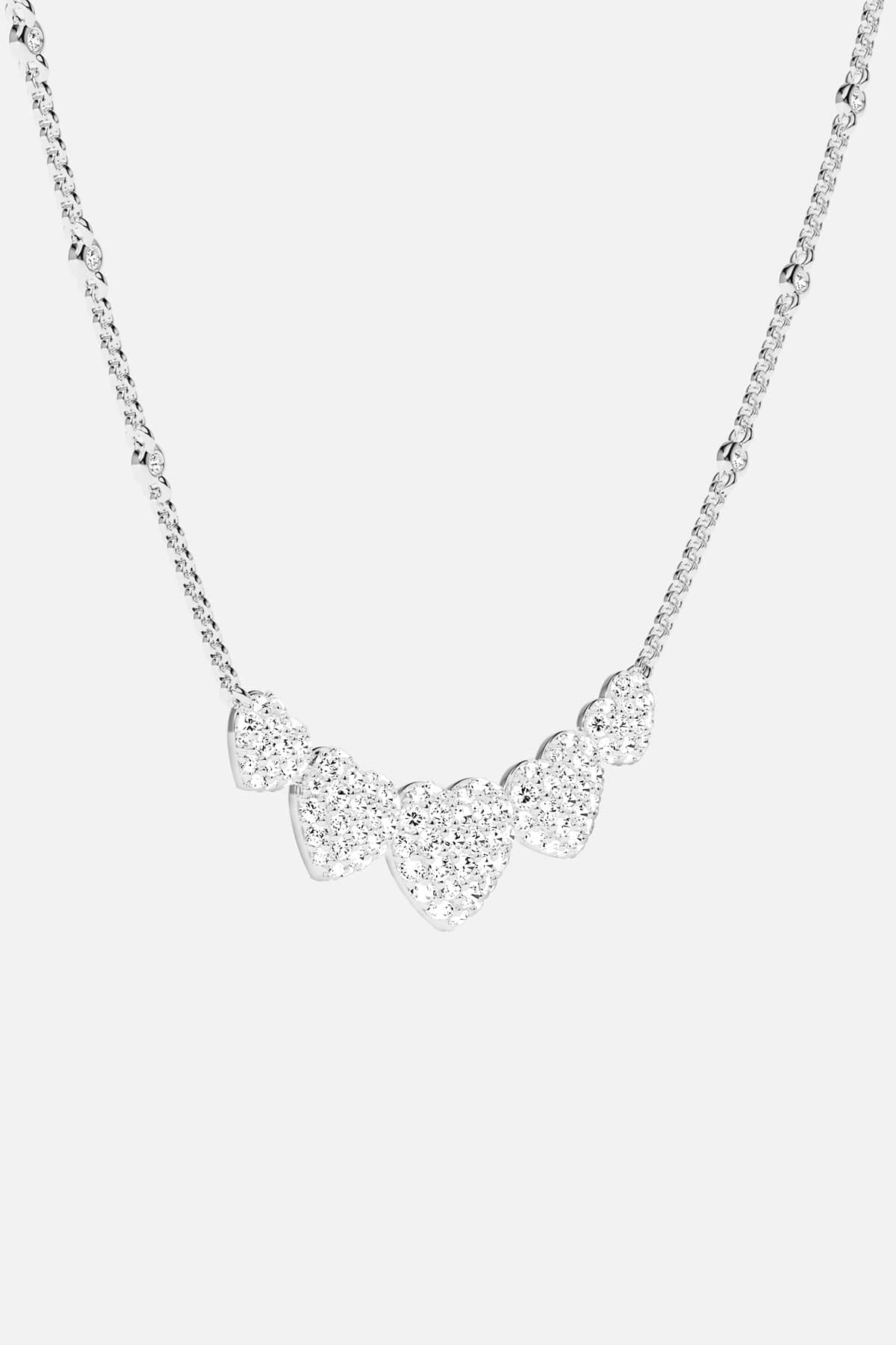 APM MONACO silver necklace with five heart-shaped pendants design on a white background