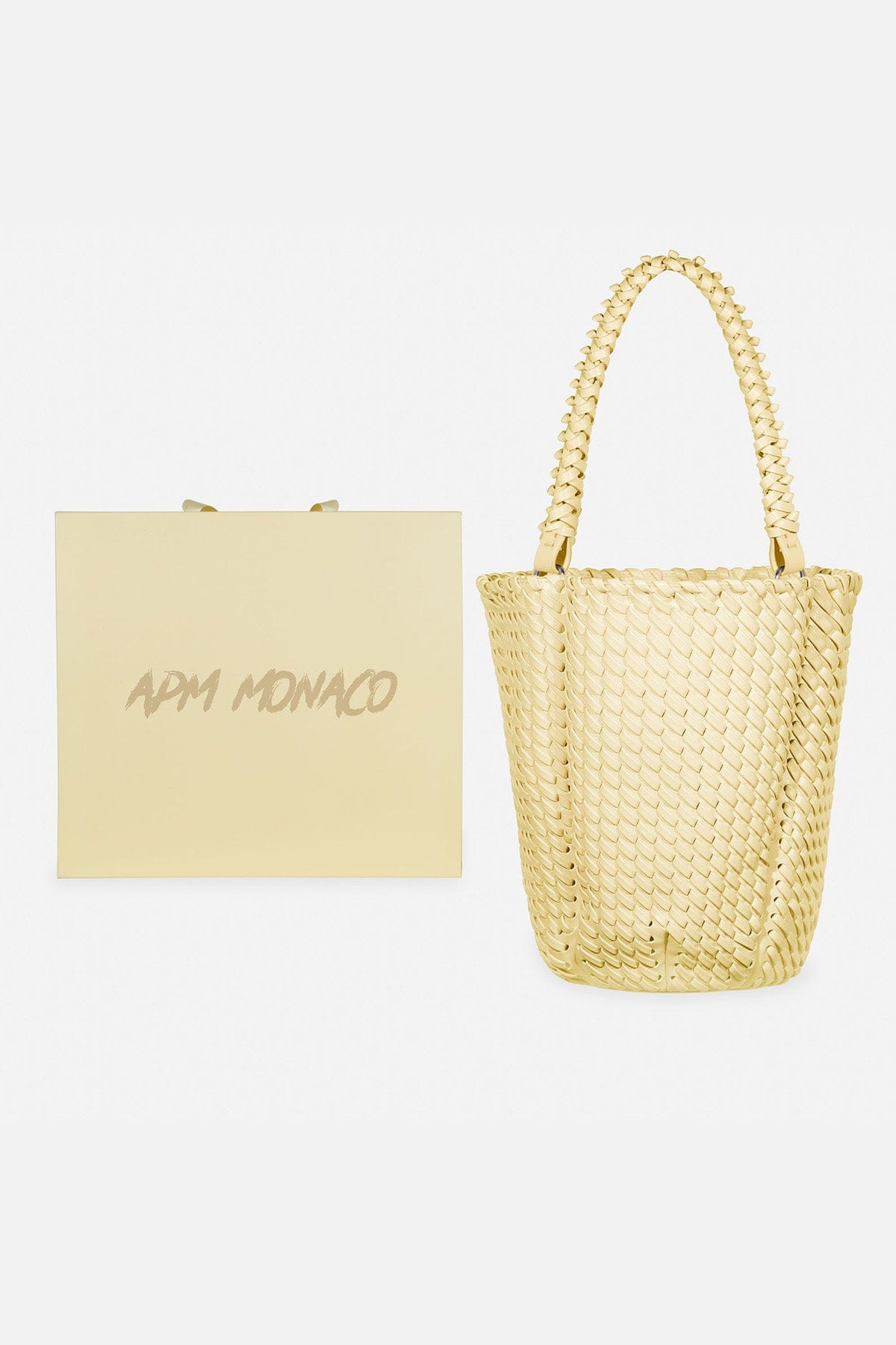 APM MONACO bucket yellow handbag on a white background