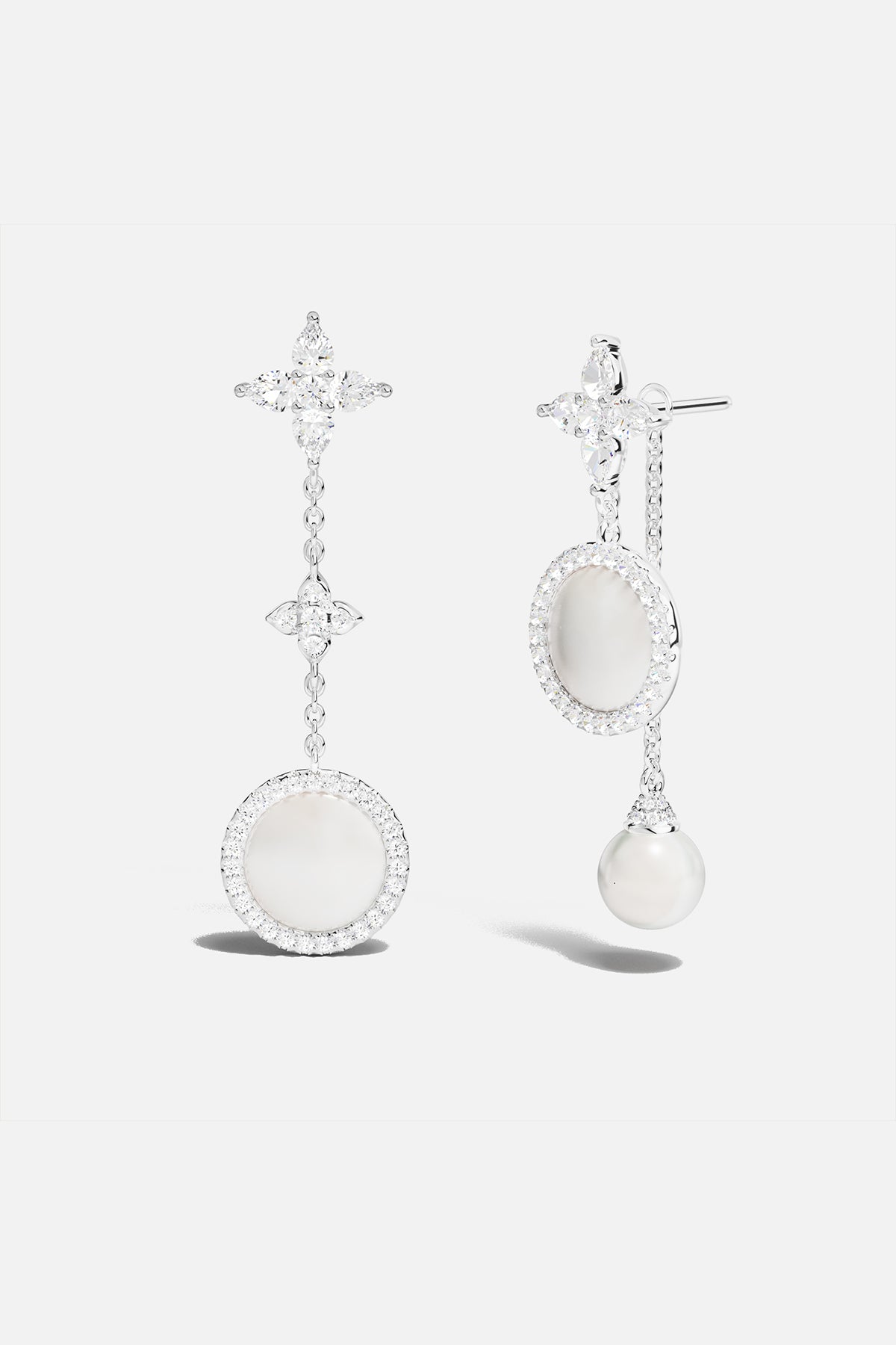 Asymmetric White Nacre and Pearl Drop Earrings