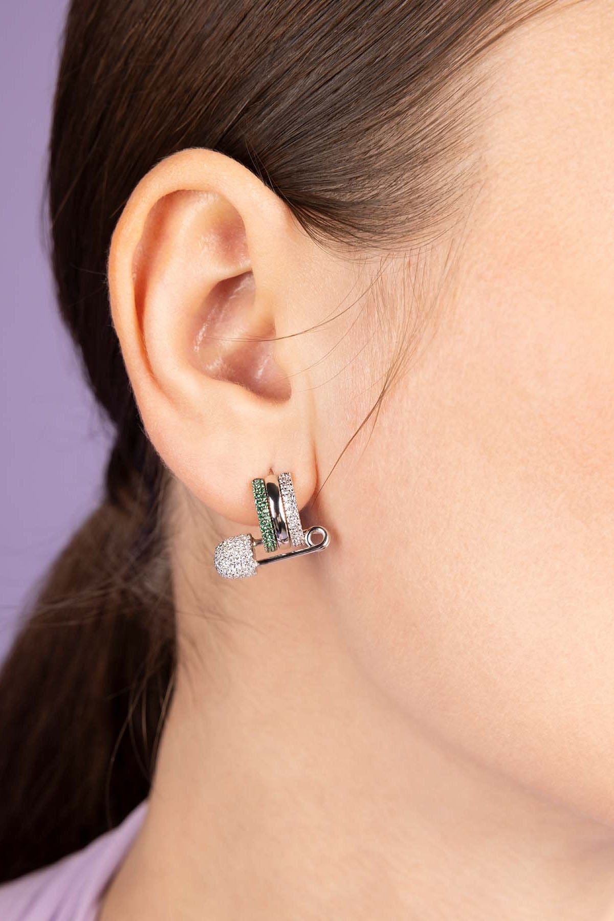 Safety Pin Hoop Earrings, Green Cubic Zirconia | APM Monaco