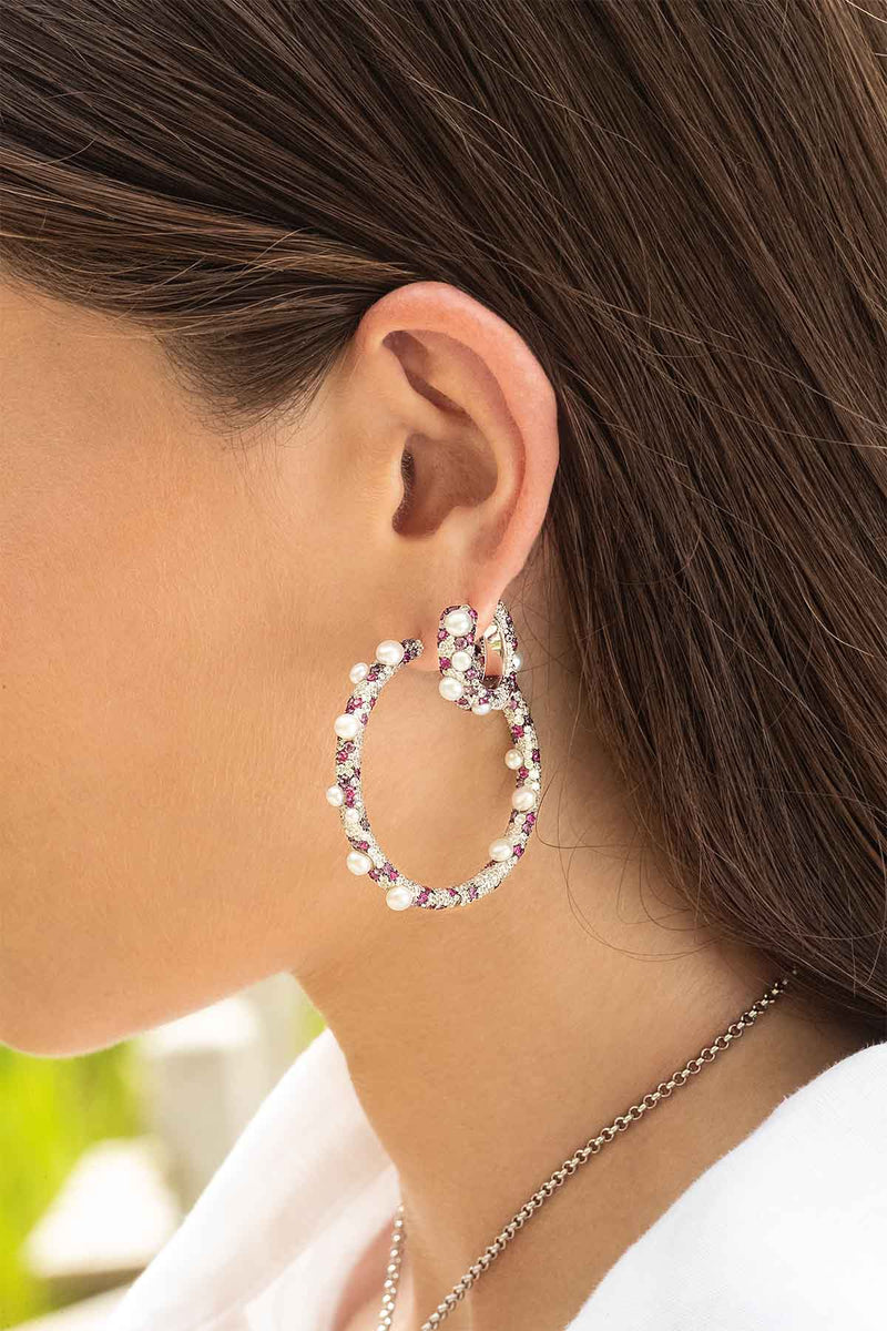 APM Monaco - Fuchsia Pavé Hoop Earrings with Pearls
