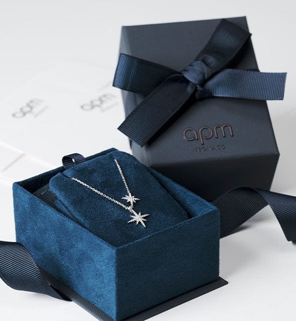 APM Monaco Necklace in a blue jewelry box with an APM watch box in the background.