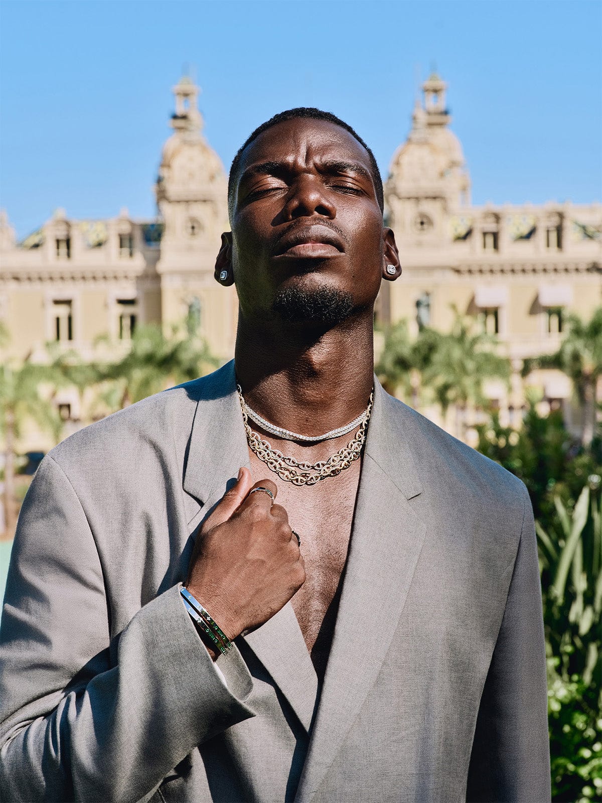 Paul Pogba wearing APM Monaco pave and yacht club maille marine necklaces and morse code bracelets