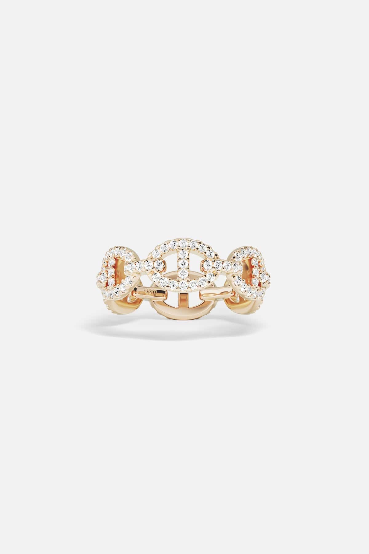 Rings APM Monaco rose gold maille marine ring with a distinctive linked chain design and pave white cubic zirconia.