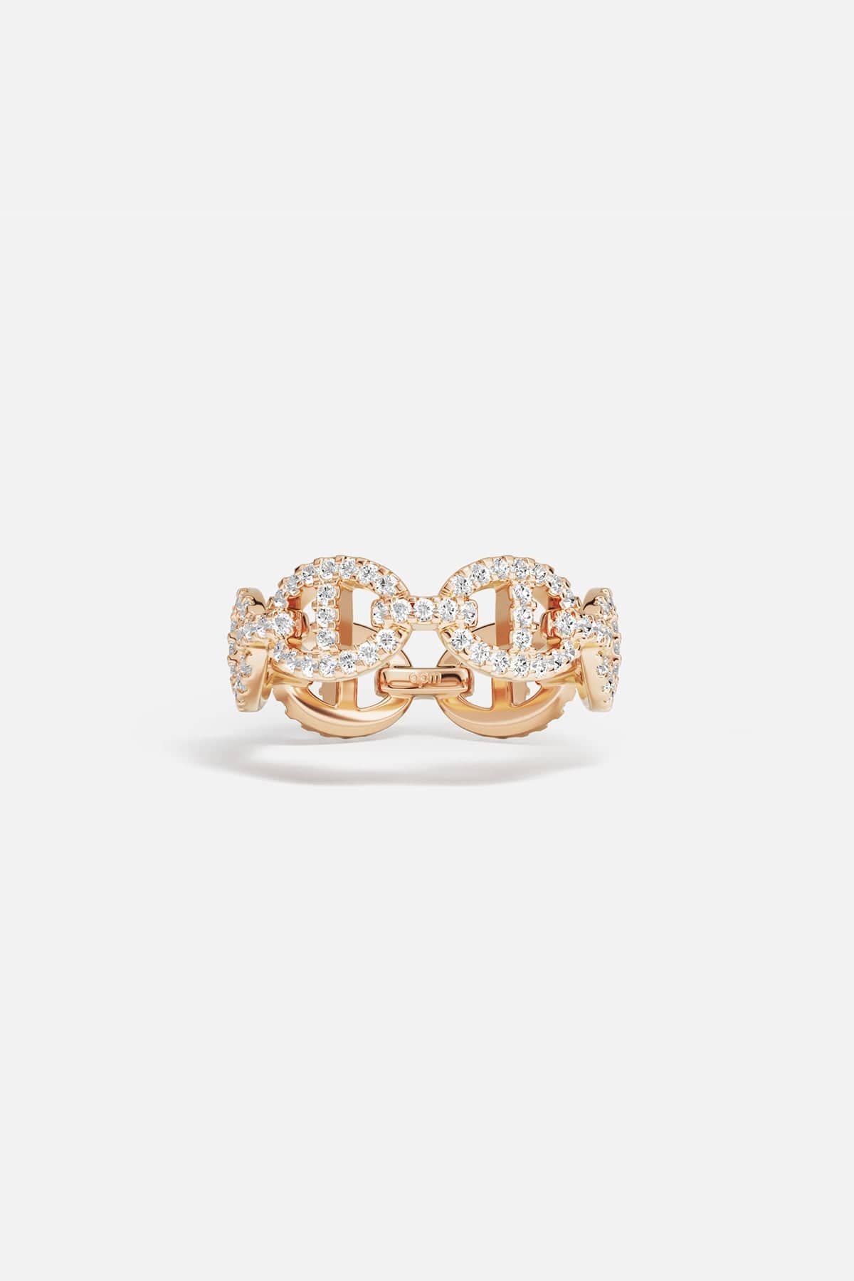 Rings APM Monaco rose gold maille marine ring with a distinctive linked chain design and pave white cubic zirconia.