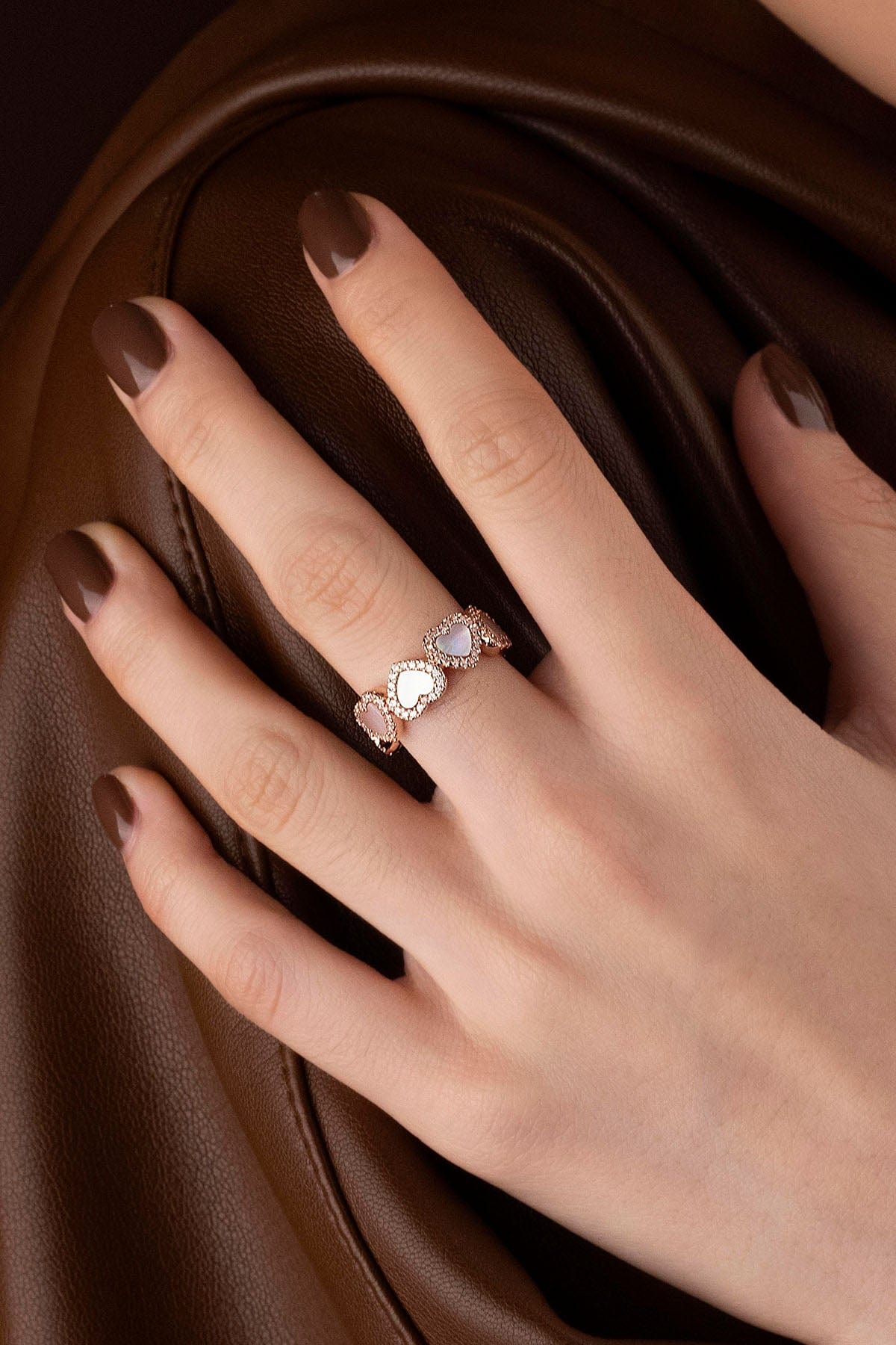 APM Monaco Pavé Pink Nacre Full Heart Ring in Rose Gold