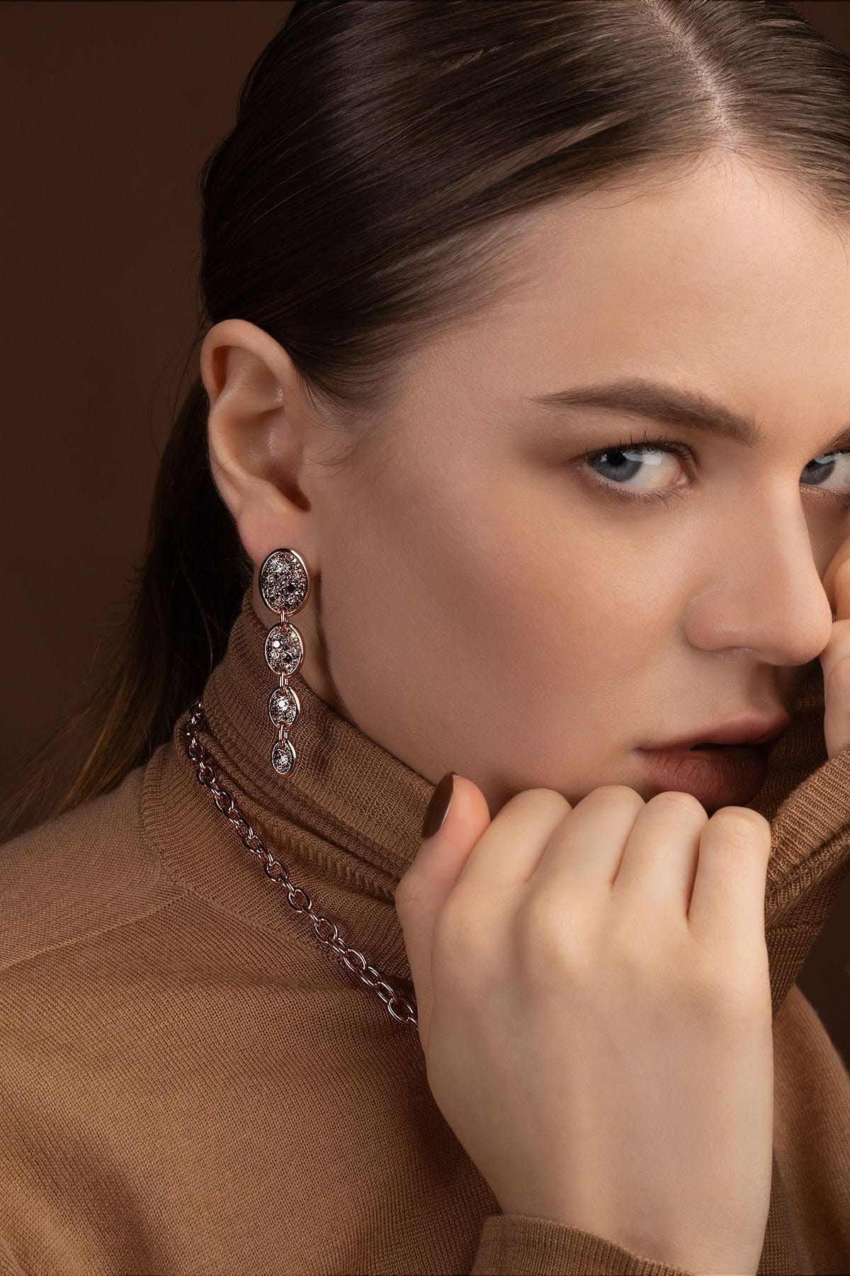 APM Monaco Asymmetric Drop Chocolate Pavé Earrings in Rose Gold