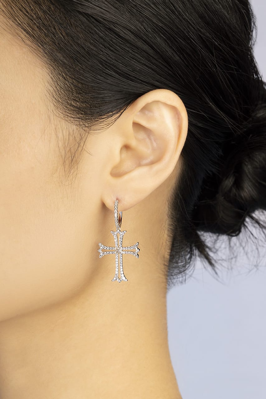 Asymmetric Cross Earrings XL, White Alloy | APM Monaco