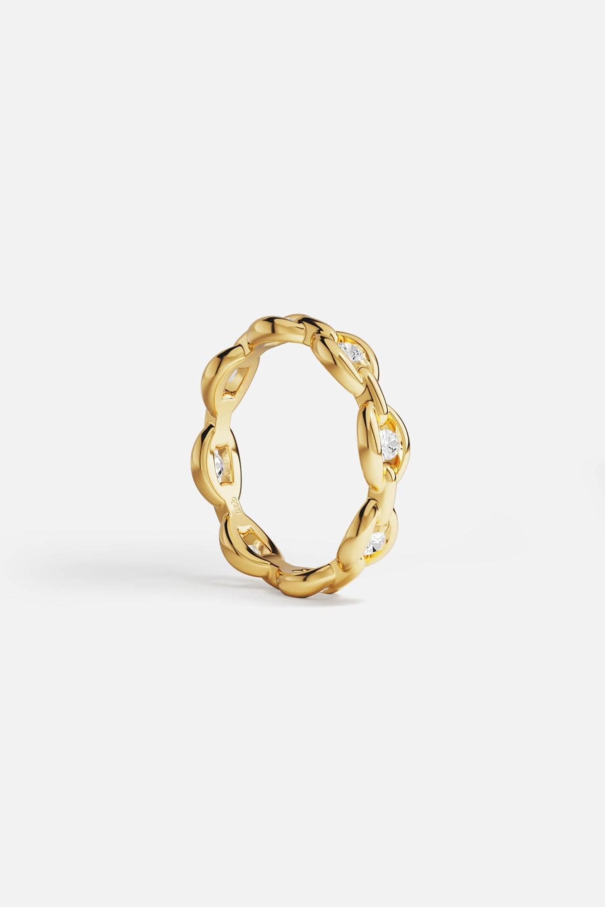 Rings APM Monaco yellow gold pave chain ring with three round white diamonds.