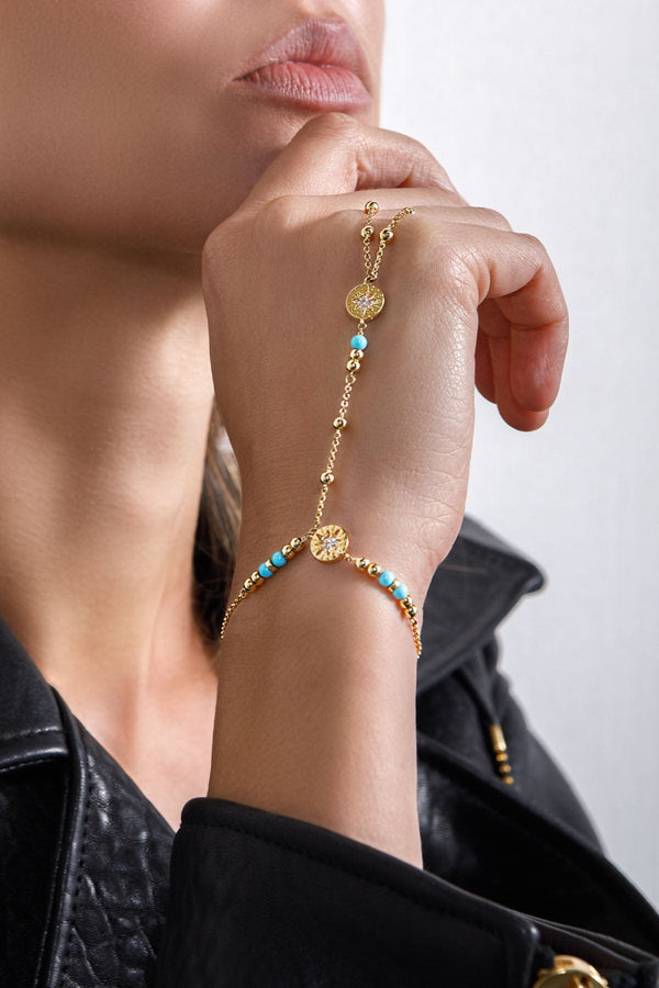 Météorites & Beads Adjustable Hand Bracelet with Ring