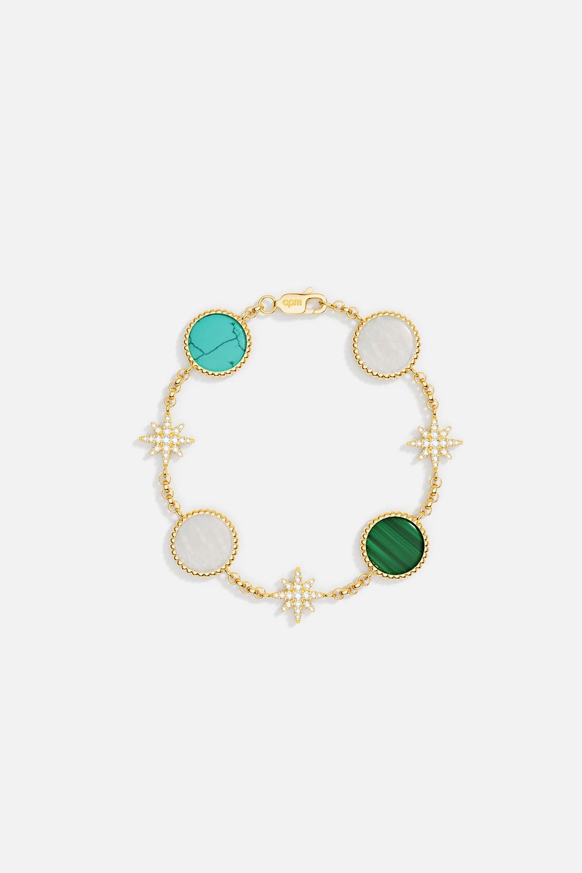 Bracelet with green, white, blue and gold circular stones on a light gray background