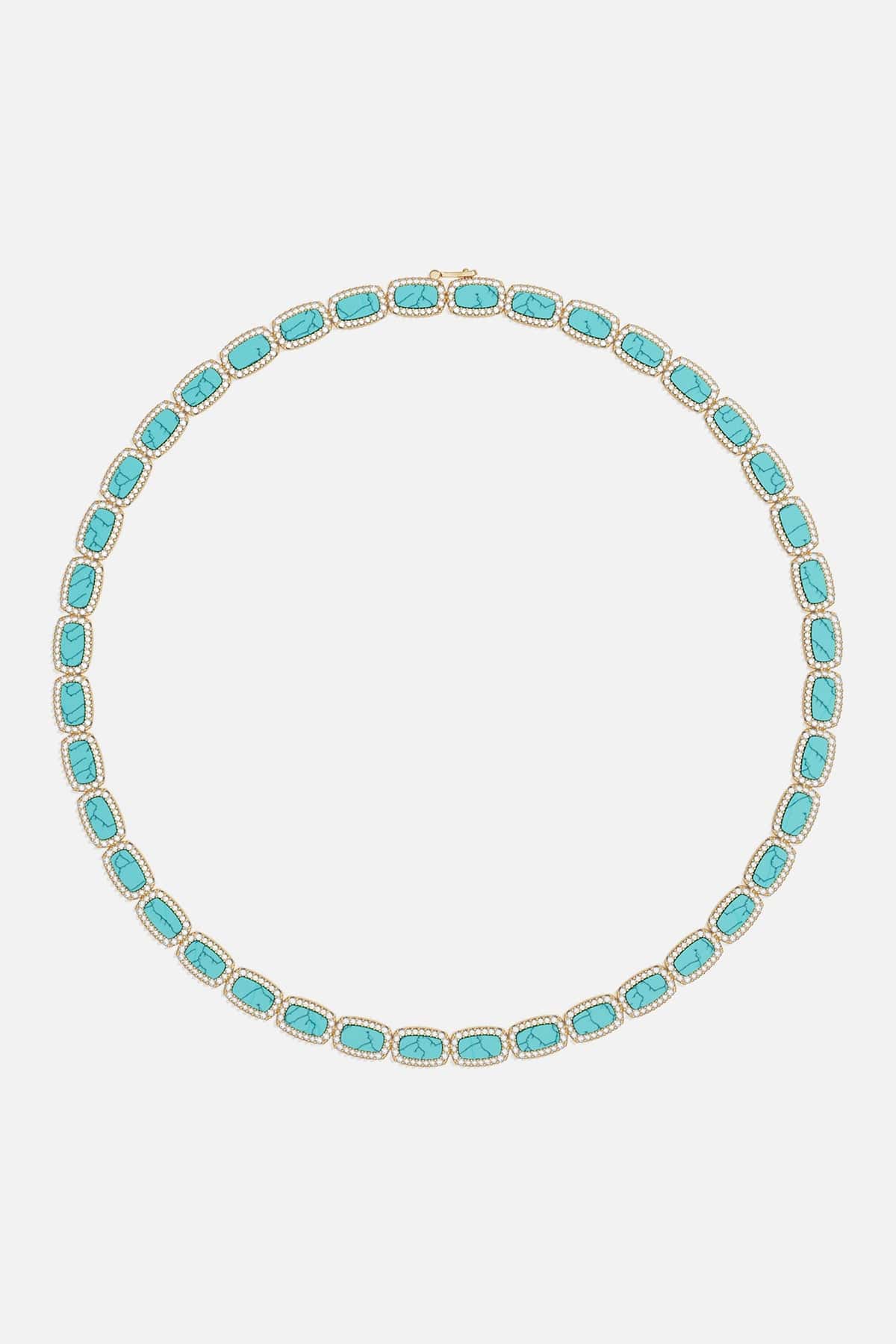 Necklaces APM Monaco, yellow gold choker with rectangular lagoon turquoise stones surrounded by clear pavé.
