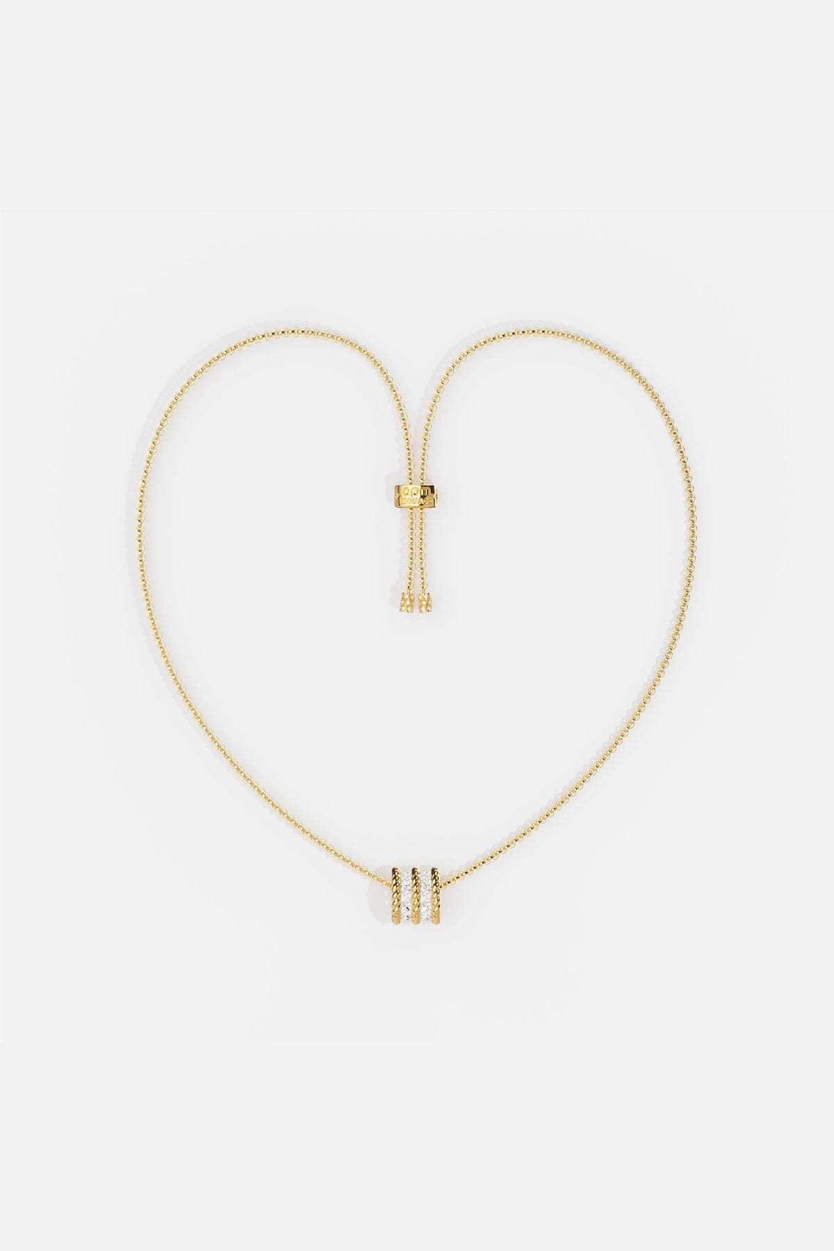 APM MONACO yellow gold adjustable necklace with white stones on a white background