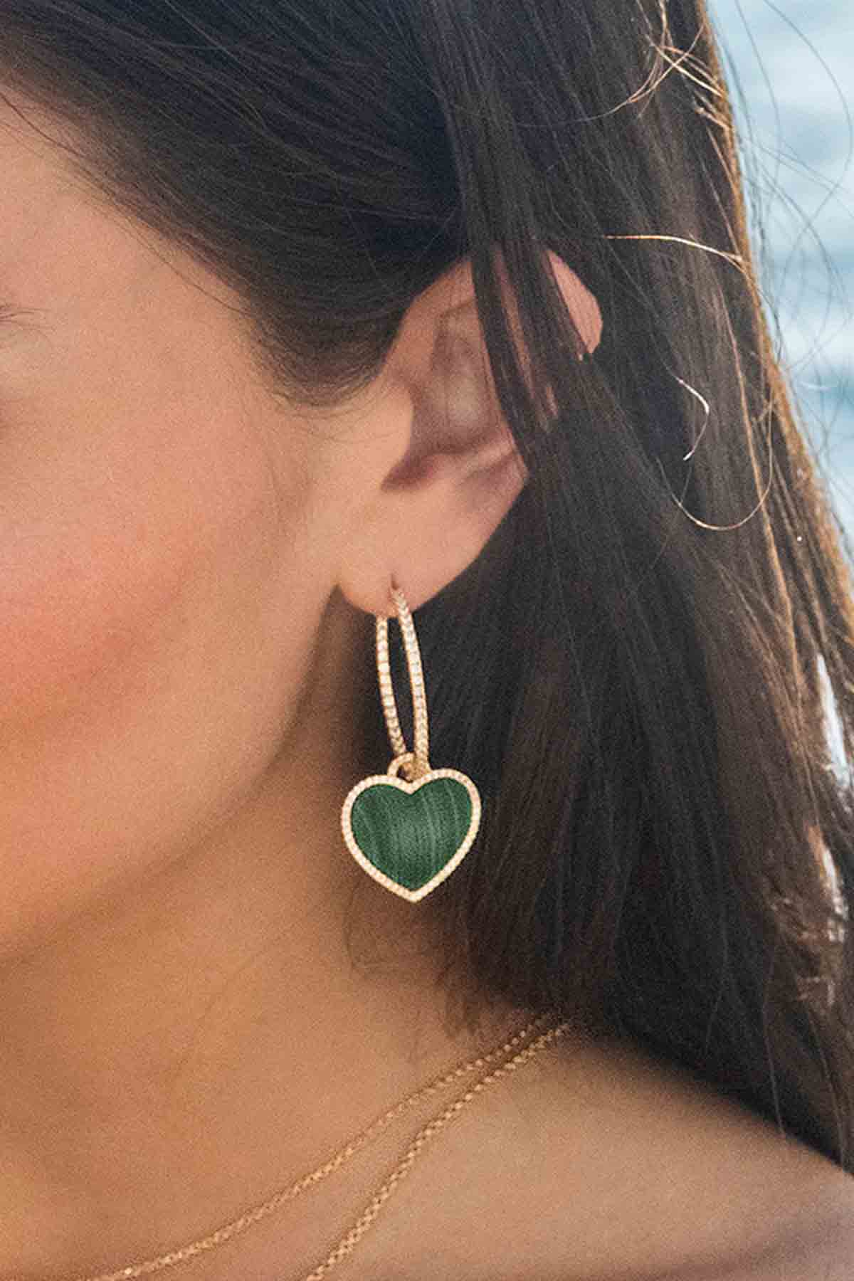 APM Monaco Pavé Hoop Earrings with Malachite Heart in Yellow Gold