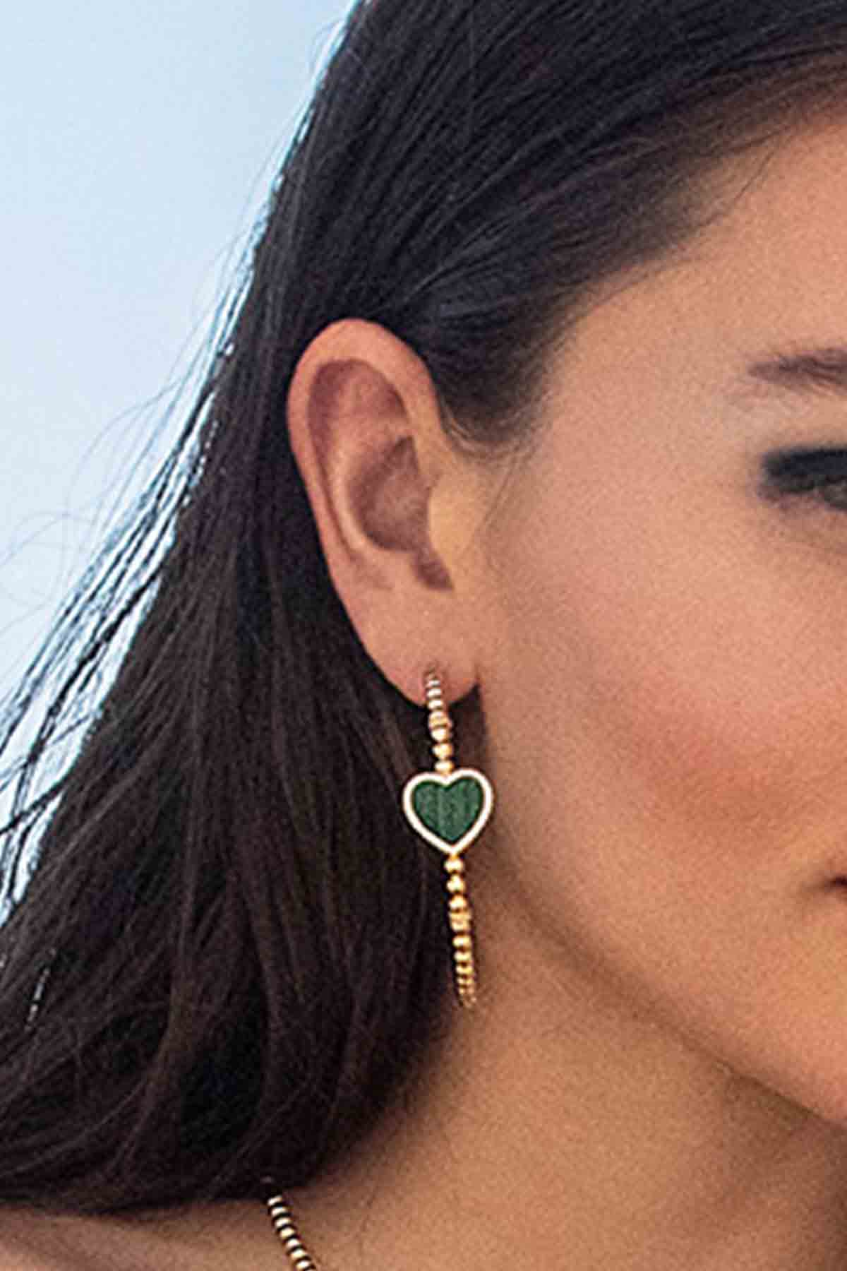 APM Monaco Malachite Heart Hoop Earrings in Yellow Gold