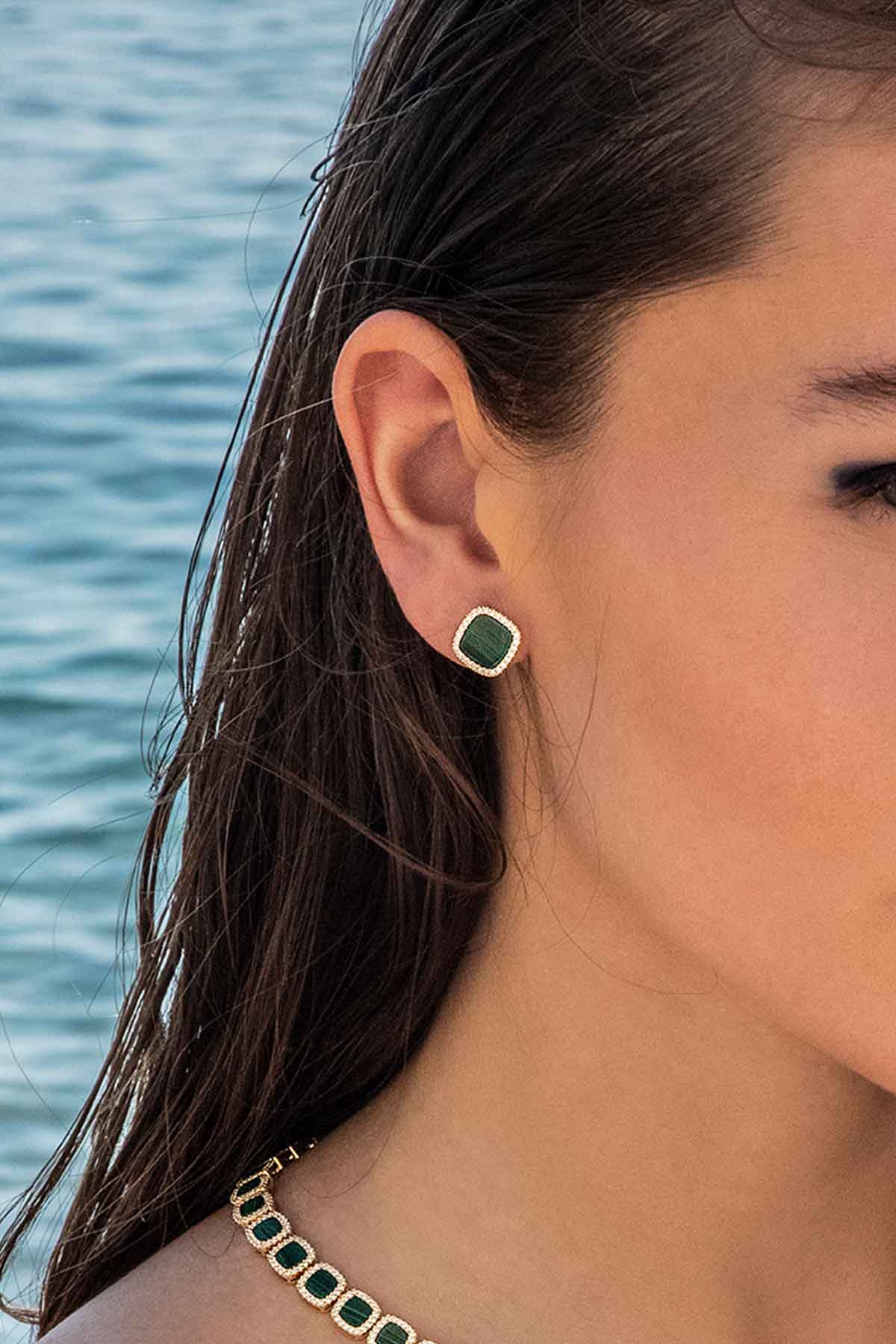 APM Monaco Malachite Stud Earrings in Yellow Gold