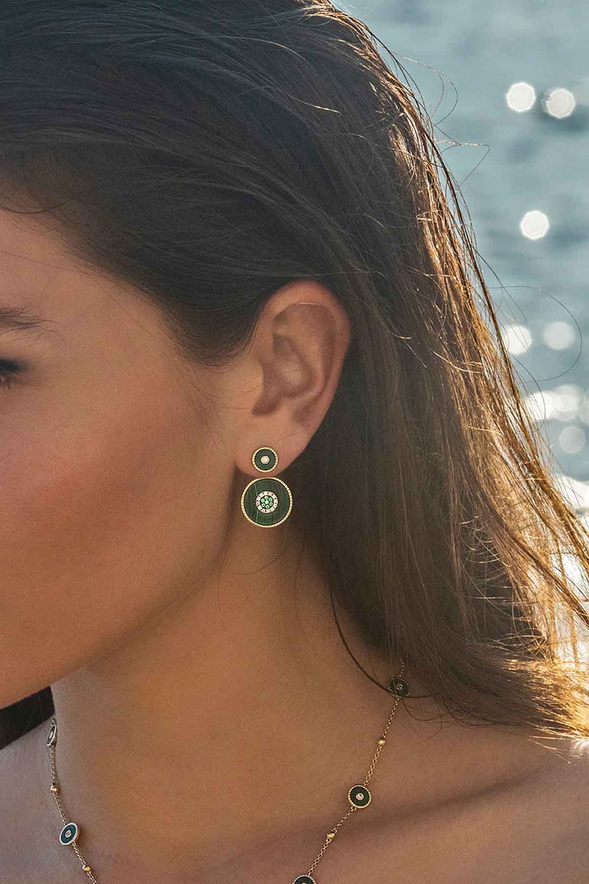 APM Monaco Malachite Ear Jackets in Yellow Gold