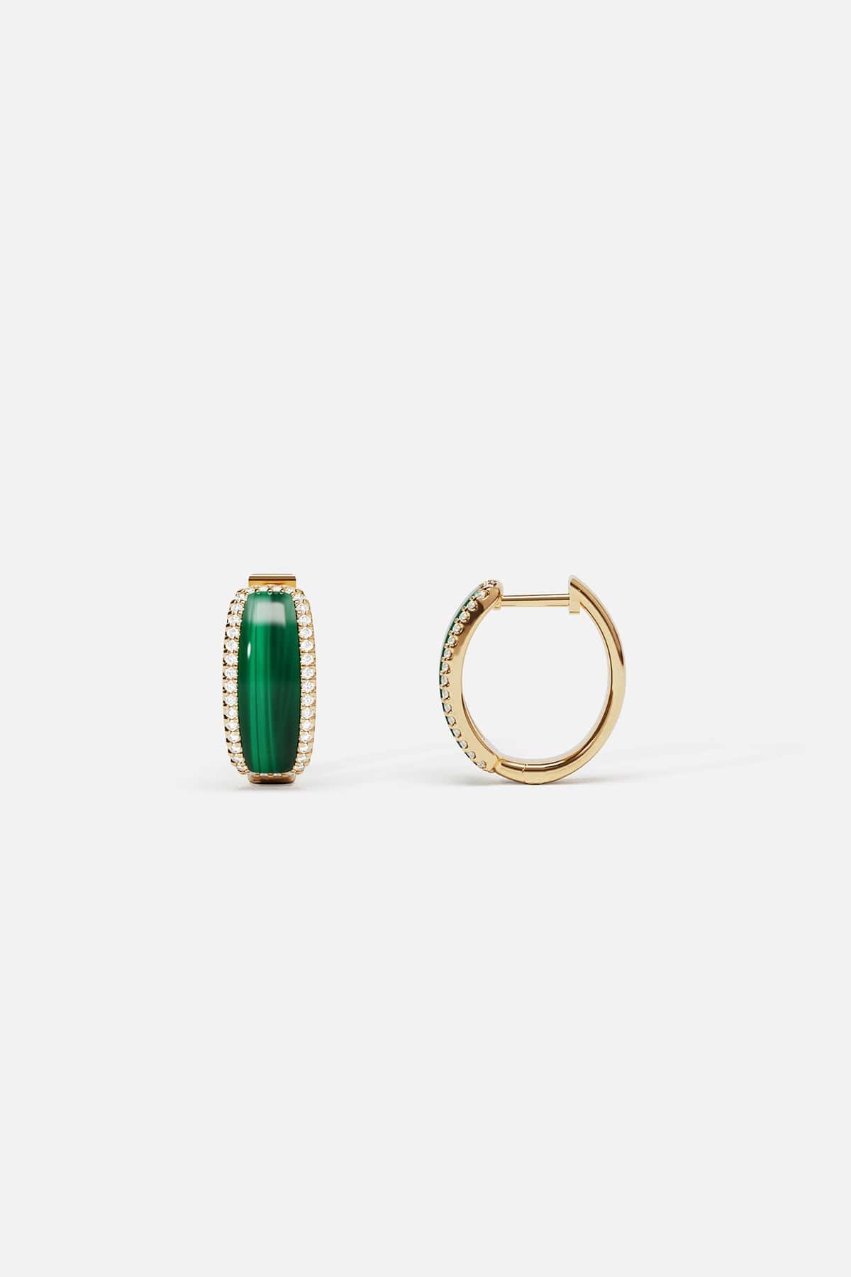 Earrings APM Monaco: yellow gold hoop earrings with green malachite stones and white diamonds.