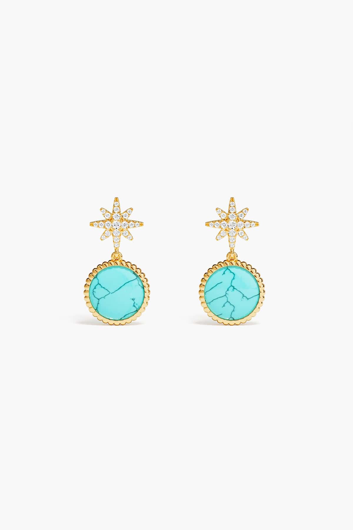 Pair of earrings with turquoise stones and gold accents on a white background