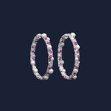 Fuchsia Pavé Hoop Earrings with Pearls