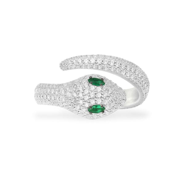 灵蛇开口戒指饰绿色石粒 - 银白色