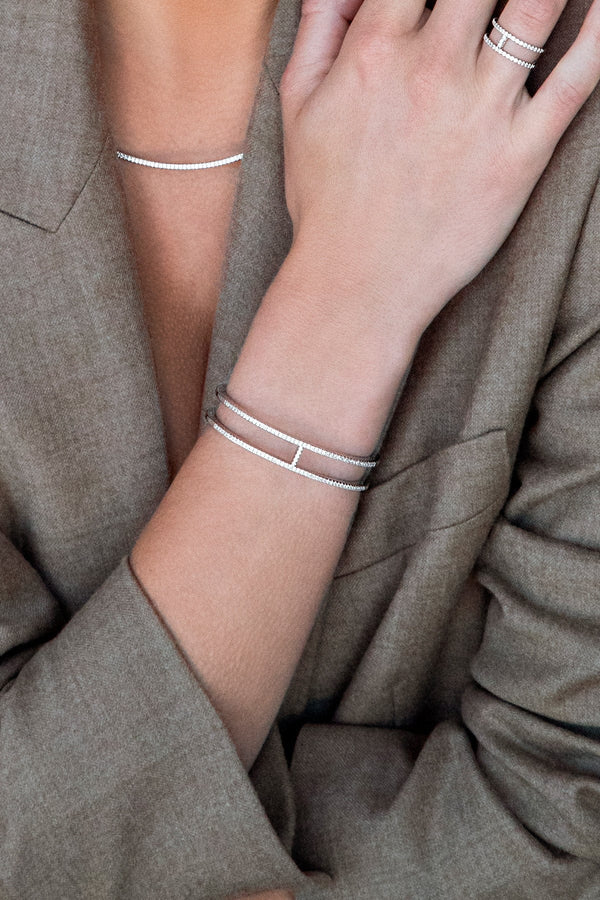 APM Monaco Paved Double Line Bangle in Silver