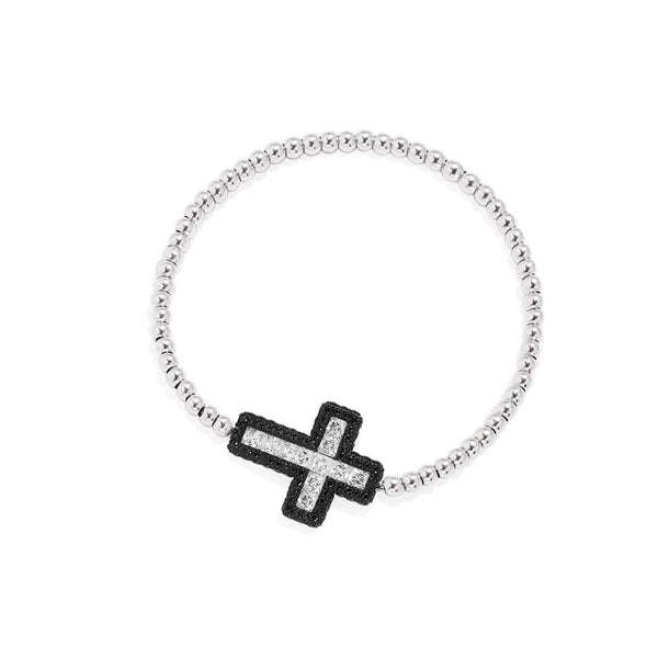 APM Monaco Black Cross Bracelet With Beads in Silver