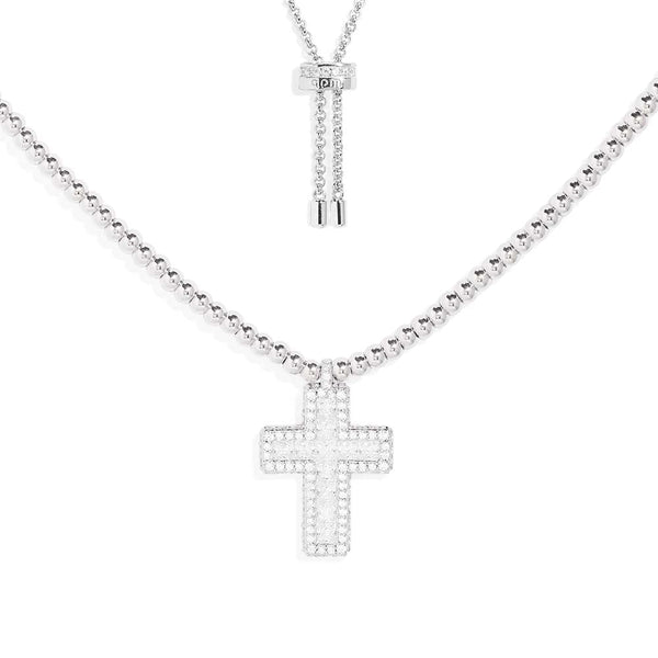 密镶十字架可调节银珠项链