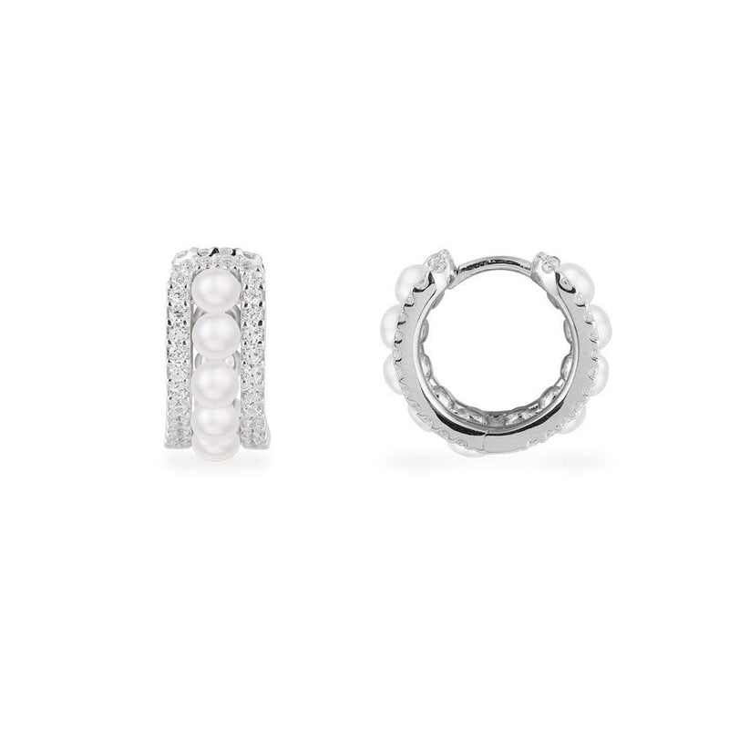Small Double Paved Hoop Earrings with Pearls