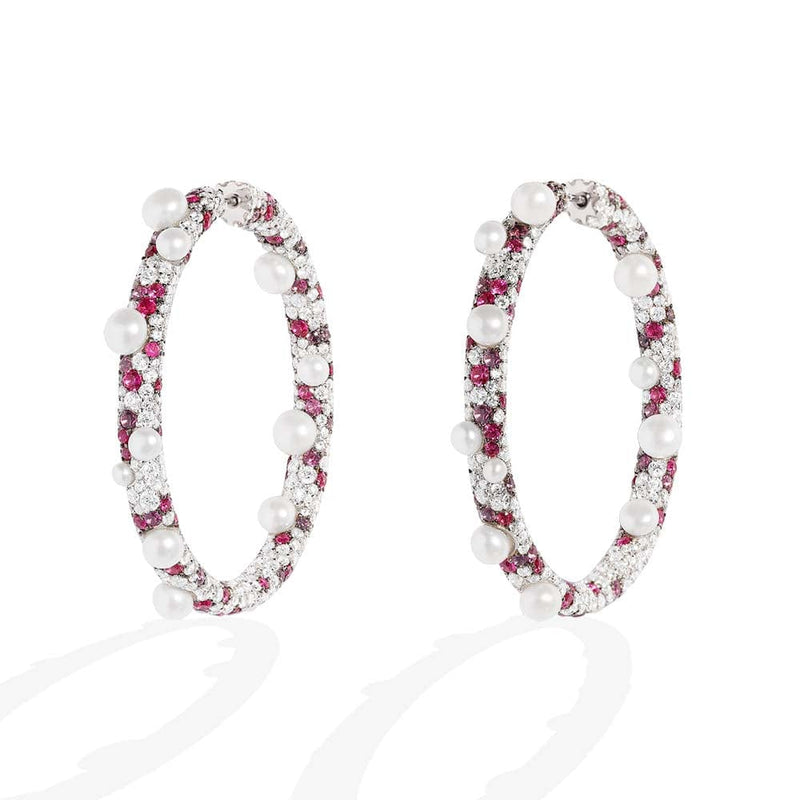 Fuchsia Pavé Hoop Earrings with Pearls
