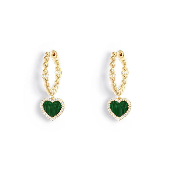 Hoop Earrings with Malachite Heart
